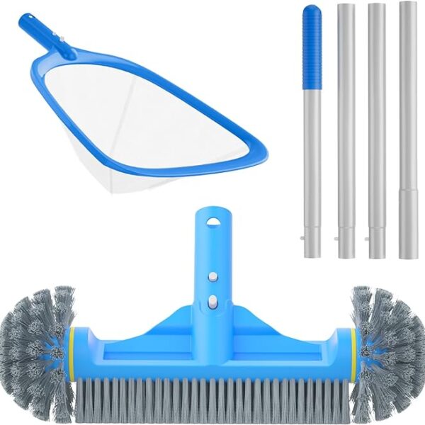 12.5'' Pool Brush with Round End & 11'' Pool Skimmer Net Fine Mesh 4.6 Feet Thick Aluminum Pole