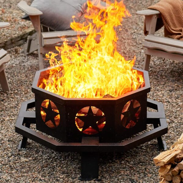 35 inch Fire Pit, Outdoor Wood Burning Fire Pit Octagonal Heavy Duty Firepit for Camping