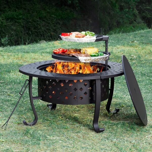 36 Inch Fire Pit with 2 Grill, Outdoor Wood Burning Firepit with Lid