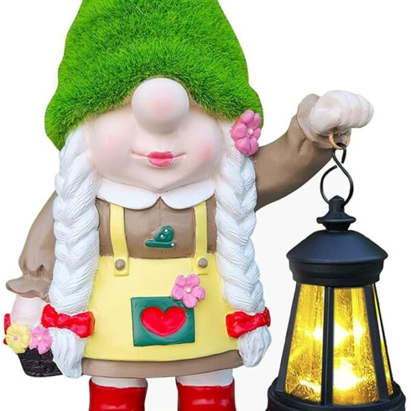 Garden Gnome with Solar Light, Waterproof Garden Statue Holding a Warm White LED