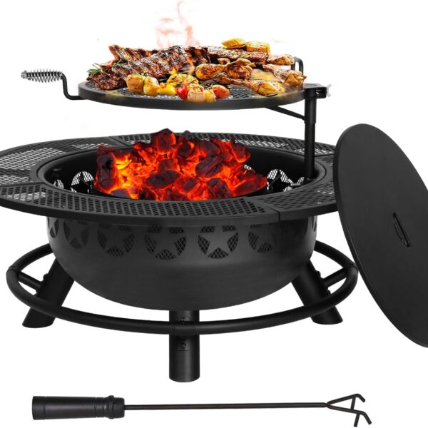 Hykolity 35 Inch Fire Pit with Cooking Grate & Charcoal Pan