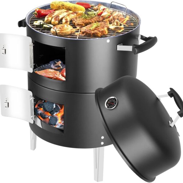 Portable Charcoal BBQ Grill: Outdoor Small Charcoal Grills with Meat Smoker Combo for Backyard Patio Barbecue