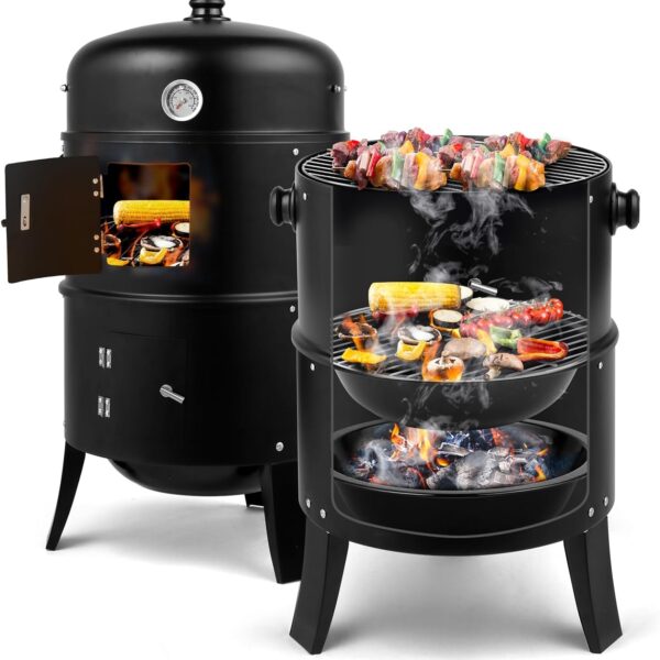 VINGLI 18 Inch Multi-Layer Charcoal BBQ Smoker Grill, Heavy Duty Round Charcoal BBQ Grill