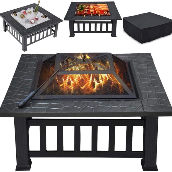 Yaheetech Multifunctional Fire Pit Table 32in Square Metal Firepit Stove Backyard Patio Garden Fireplace